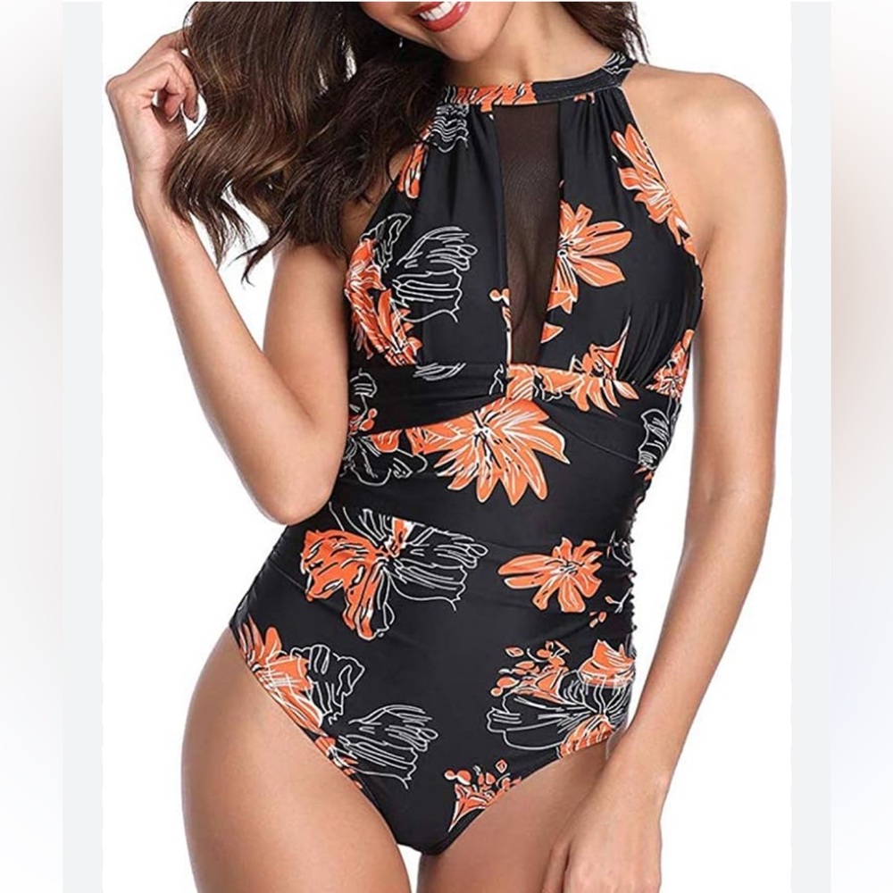 Floral Black and Orange Women's Swimsuit